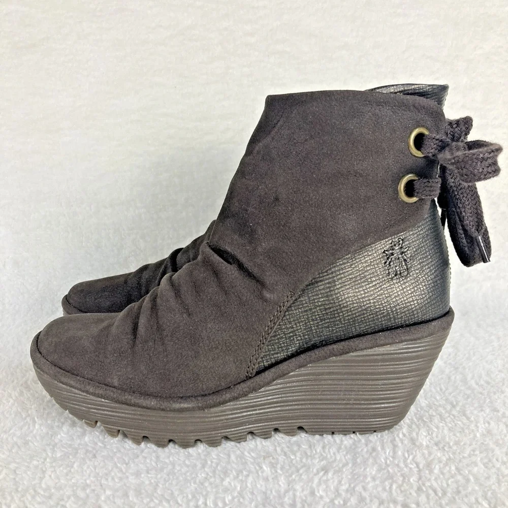 Fly London Yama Women's Suede Wedge Ankle Boots EU 37 US‎ 6.5-7  Gray Boho